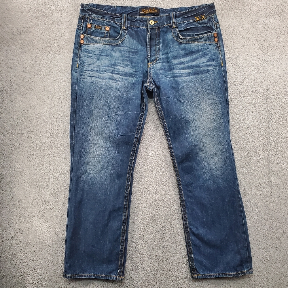 Rivet De Cru Jeans Mens 44x34.5 Flap Pockets Button Fly Blue